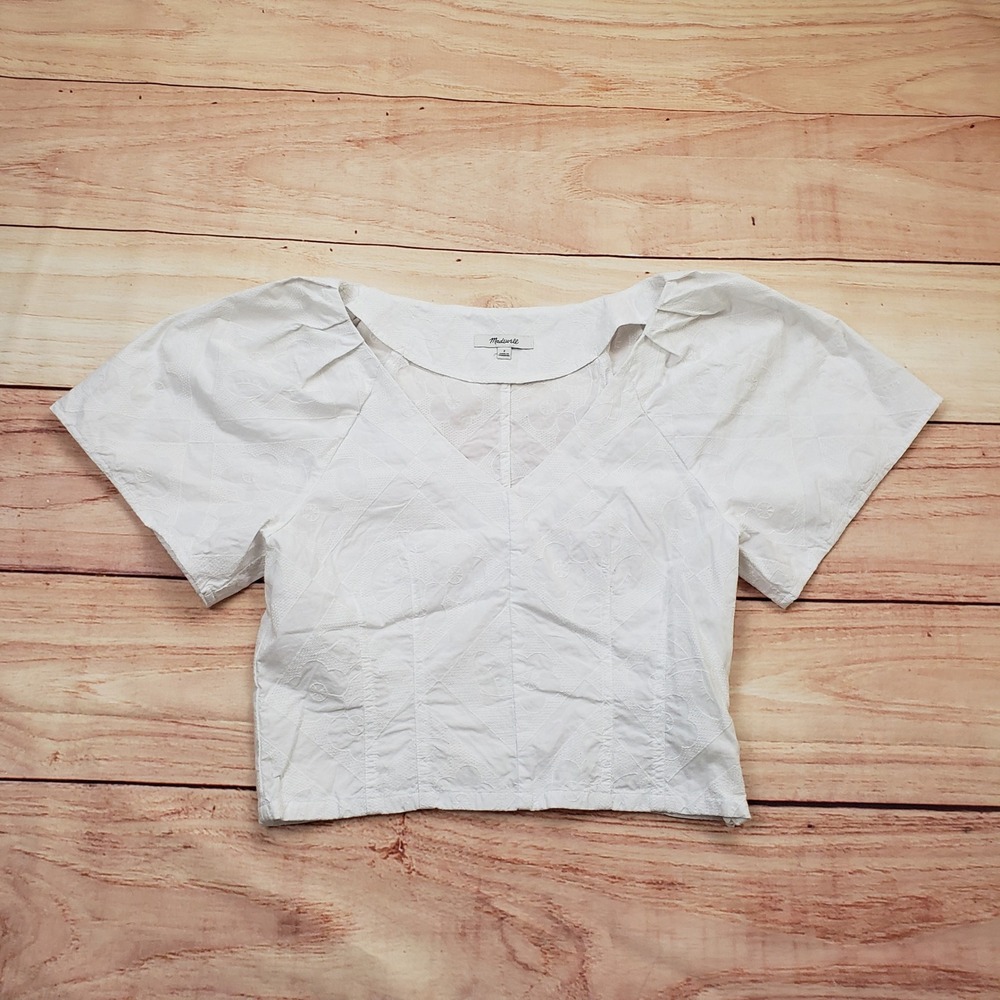 Madewell Crop Top Womens 2 White Cotton Eyelet V-Neck Puff Sleeve‎ Shirt Ladies
